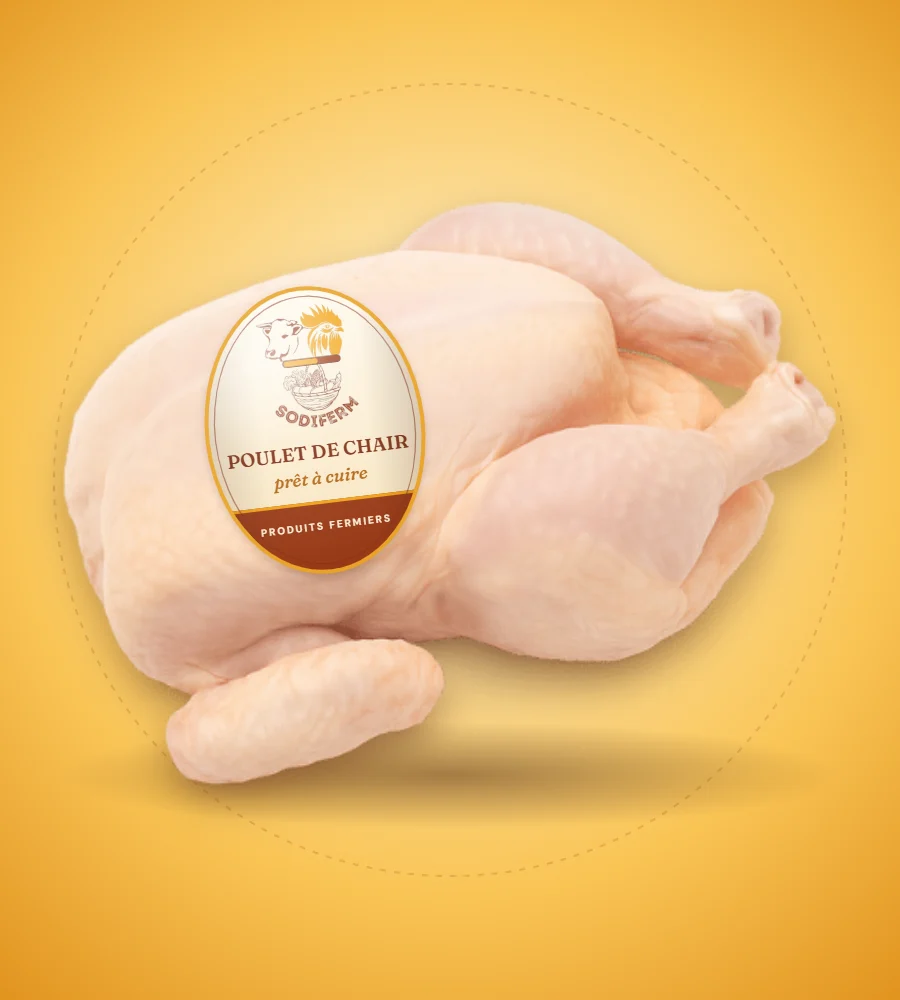 Poulet de chair prêt à cuire sous film, avec étiquette SODIFERM